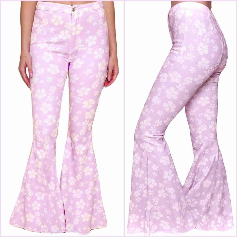 Lilac Hibiscus Floral Bell Bottom Jeans- sku: 9150
